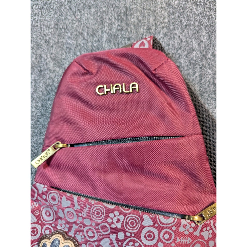 Chala Burgundy Nylon Paw Print Sling Backpack Crossbody Bag Gold Tone Hardware - Picture 2 of 8